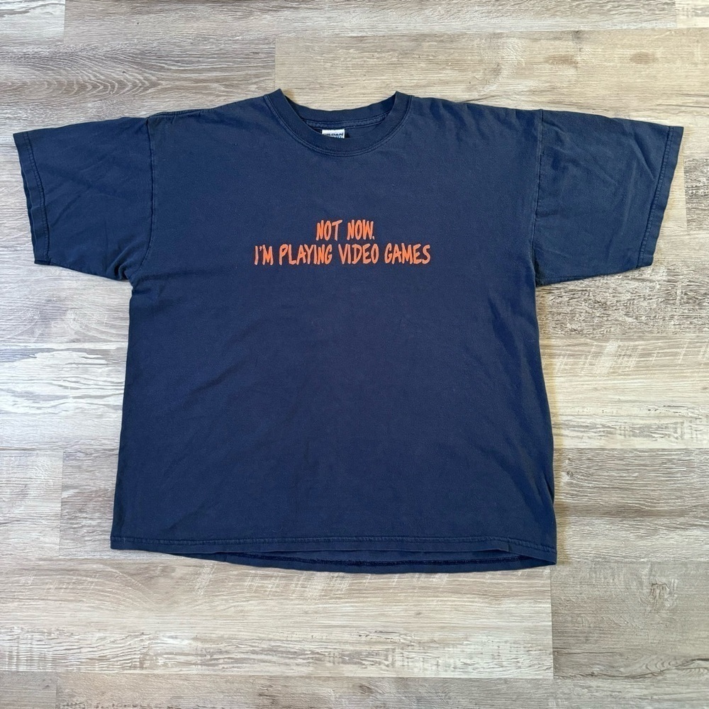 Y2k "Not Now I'm Playing Video Games" navy and orange t-shirt Men XL 00s